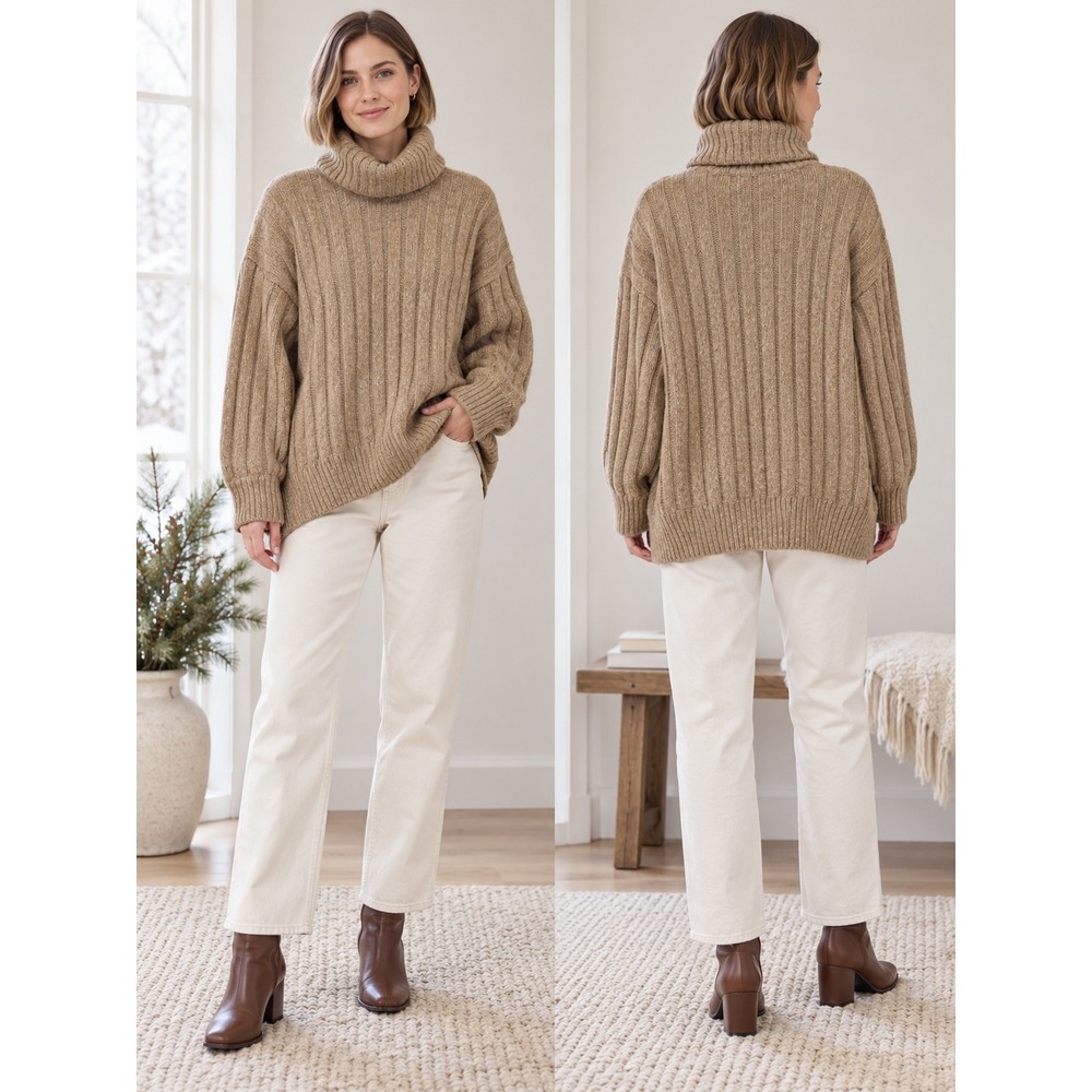 Boho Minimalist Chunky Fishermen Tan Rib Turtleneck Oversize Pullover M Sweater